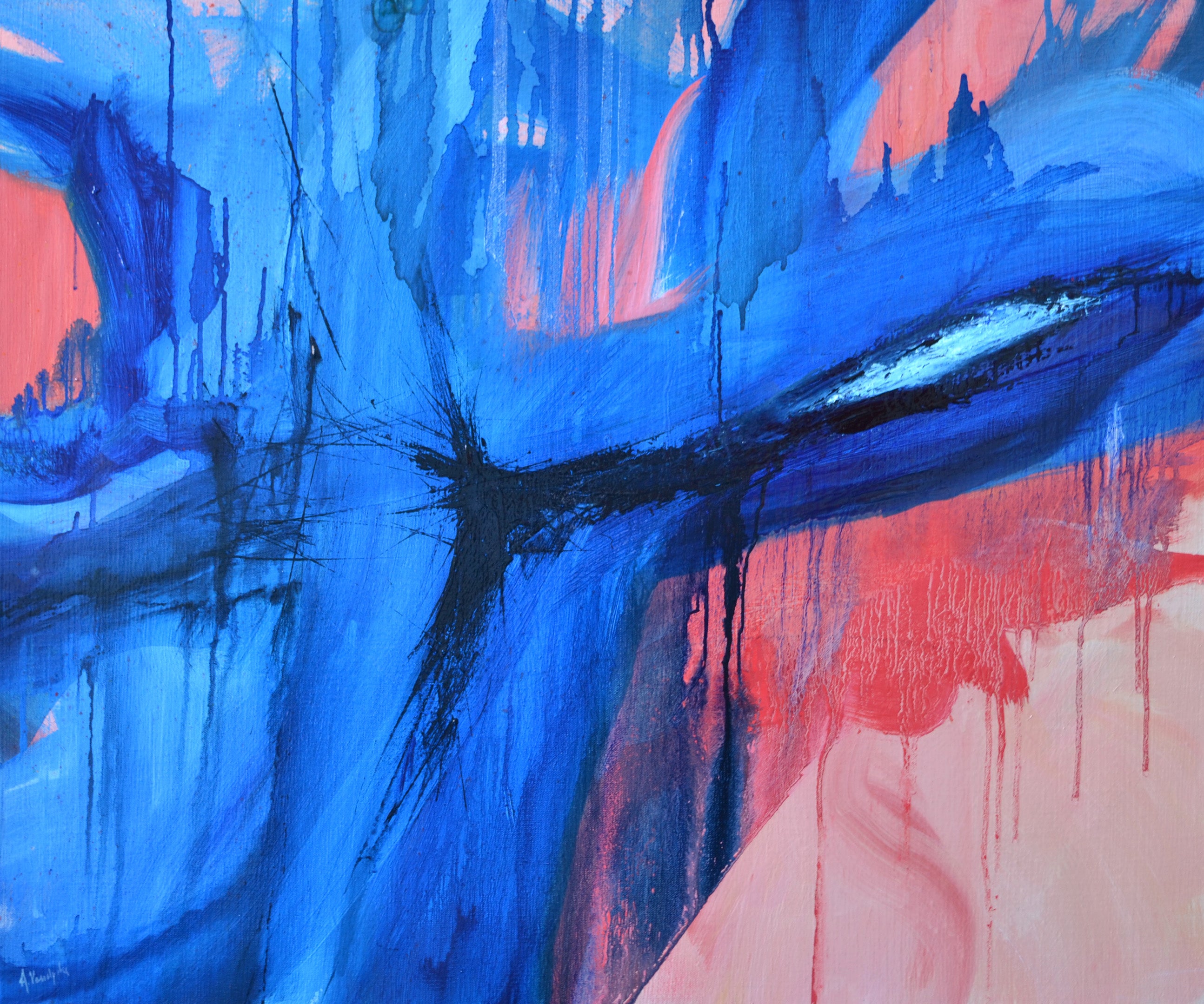 Abstract Oil Painting - Anne Vandycke, 'Travel Time #1', Oil on linen on Tri-Mar Aluminium Stretcher, 20x24 inches. Bright blues and pinks.
