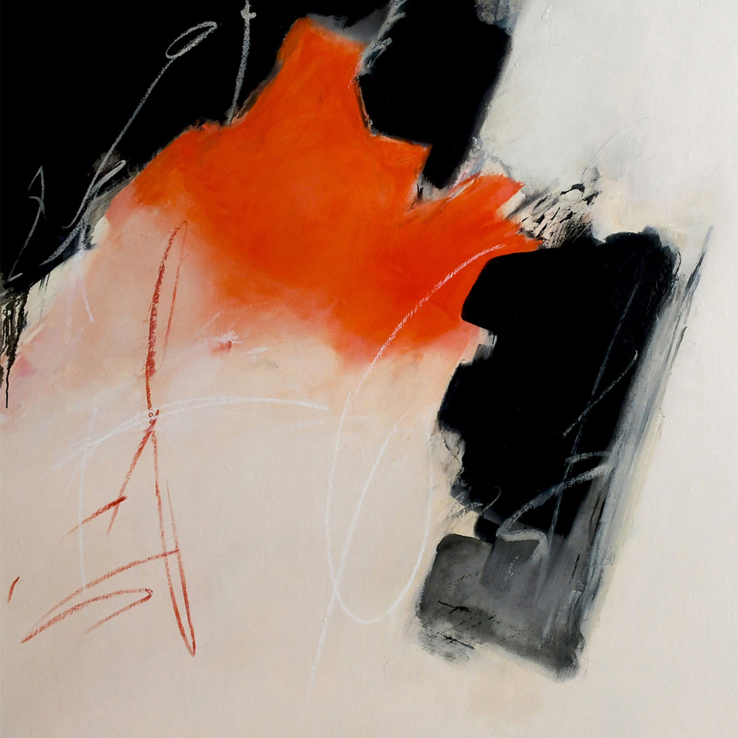 Abstract oil painting with orange, red, black, and white colors. Energetic Flow contemporary art piece by New York artist, Anne Vandycke.