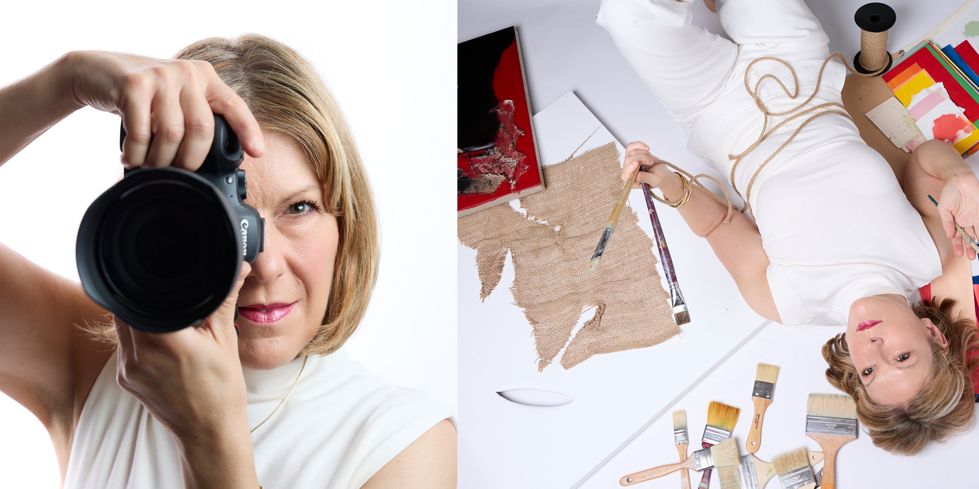 Photos of New York City photographer and artist Anne Vandycke. Photo with Canon camera to her eye and a photo with her laying surrounded by painting supplies.