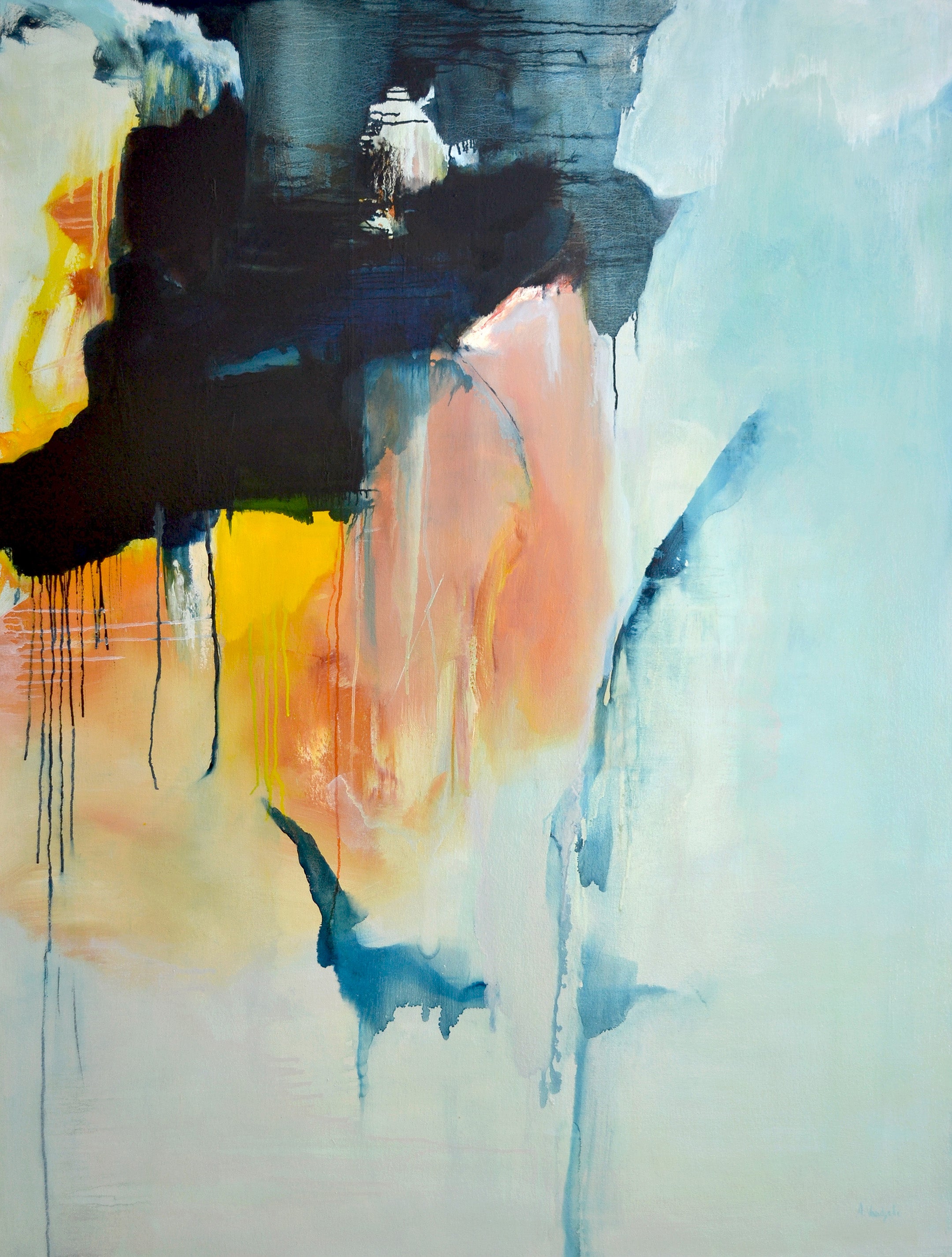 Abstract painting including blues, yellows, and pinks, by contemporary New York artist, Anne Vandycke.