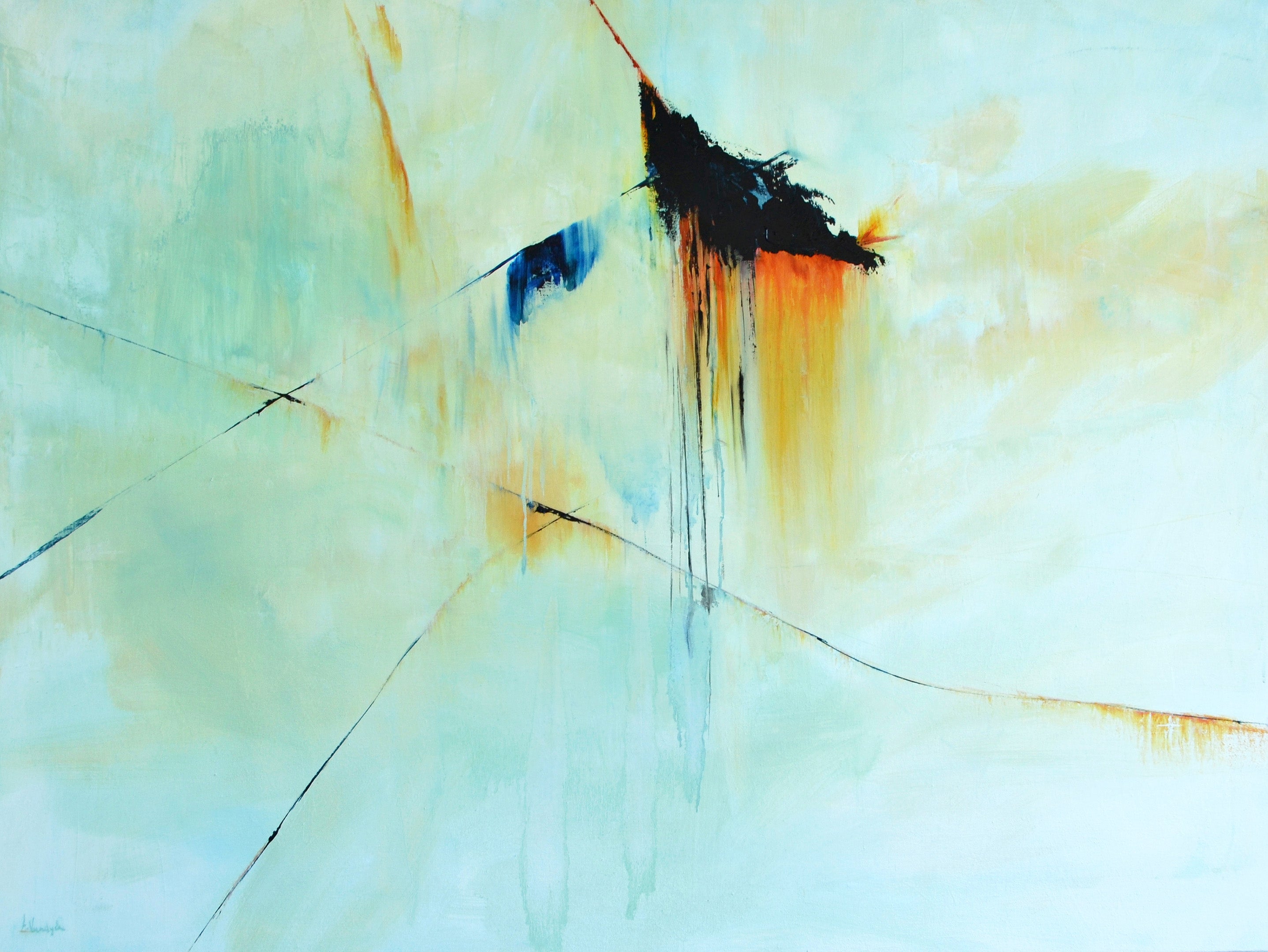 Abstract Oil Painting - Anne Vandycke, 'Decomposition #3' Oil on canvas on Tri-Mar Aluminium Stretchers, 36x48 inches. Light blue with dark blue and orange accents.
