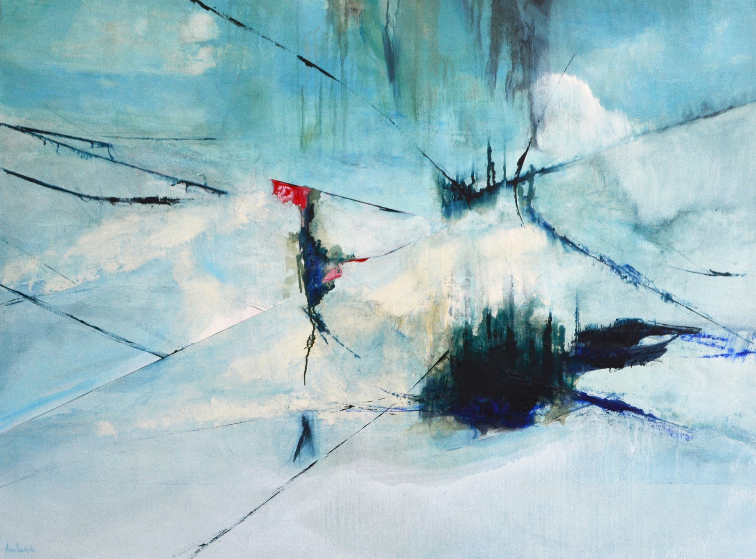 Abstract Oil Painting - Anne Vandycke, 'Decomposition' Oil on canvas on Tri-Mar Aluminium Stretchers, 36x48 inches. Light blue background with dark blue accents.