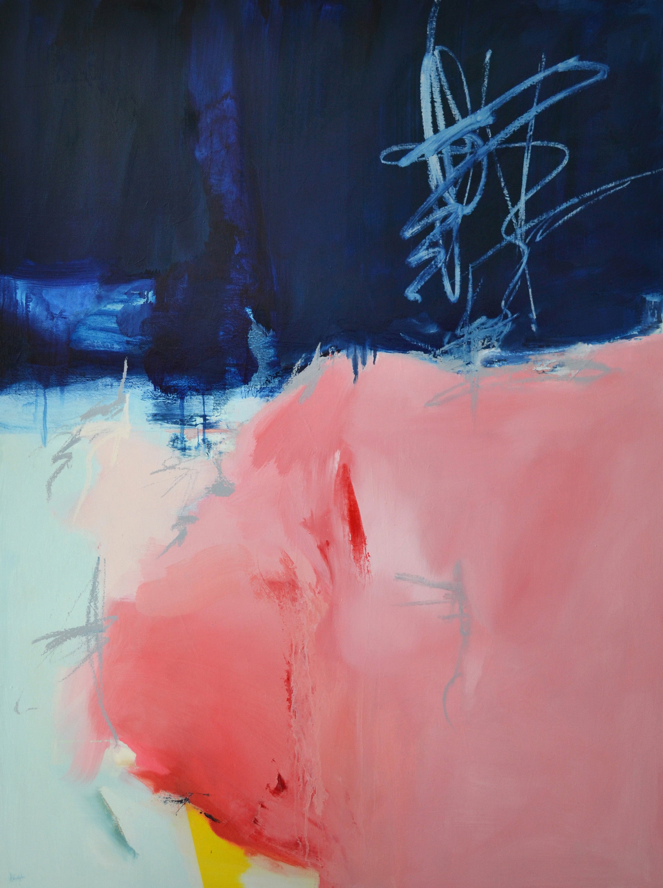 Blue and Pink abstract artwork by New York artist, Anne Vandycke. 'Energetic Rhythm 1' Oil on canvas on Tri-Mar Aluminium Stretchers, 48x36 inches.