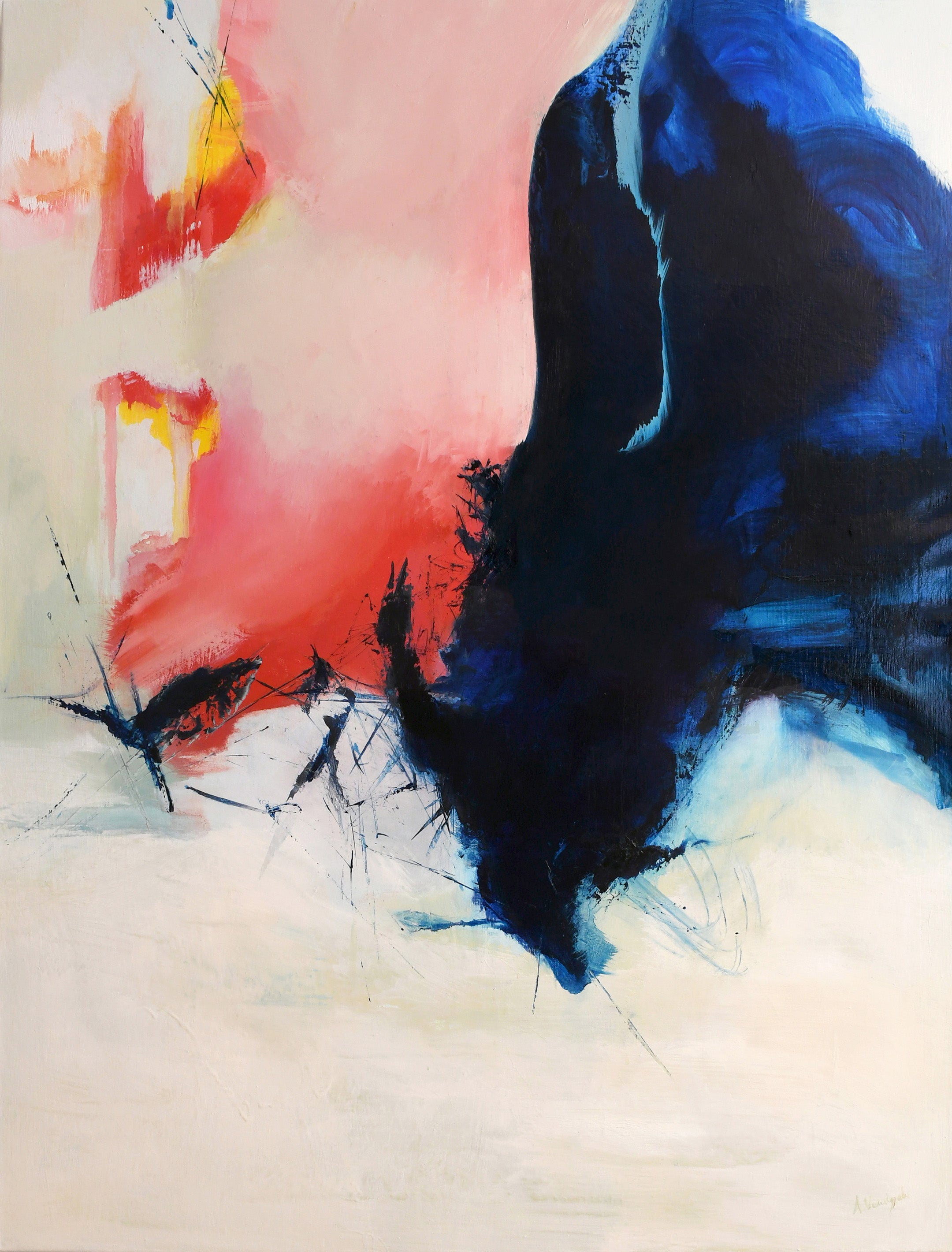 Artwork by New York abstract painter, Anne Vandycke. Abstract piece with white, pink, and blue oil paint.