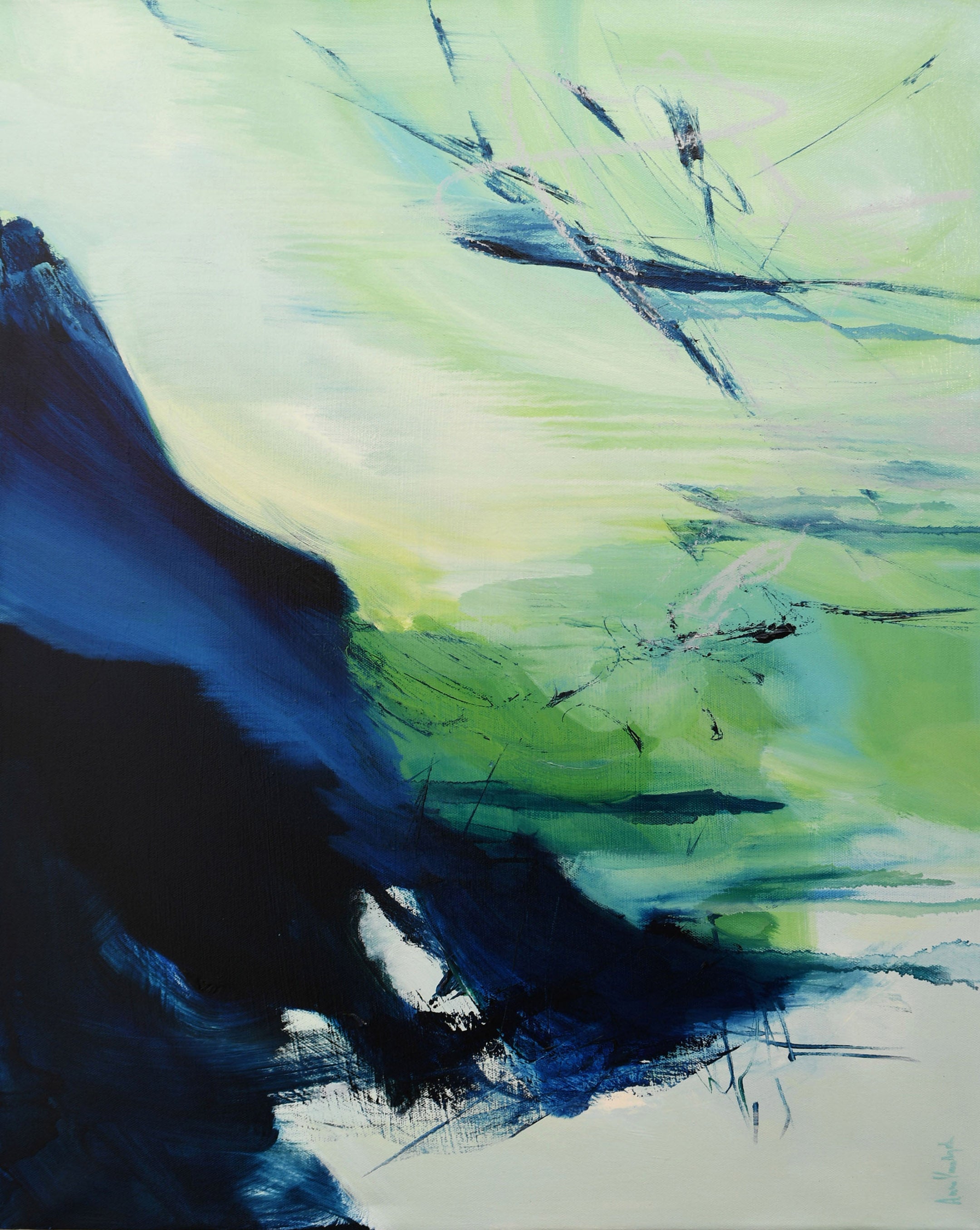 Green and blue Energetic Rhythm oil painting by Anne Vandycke.