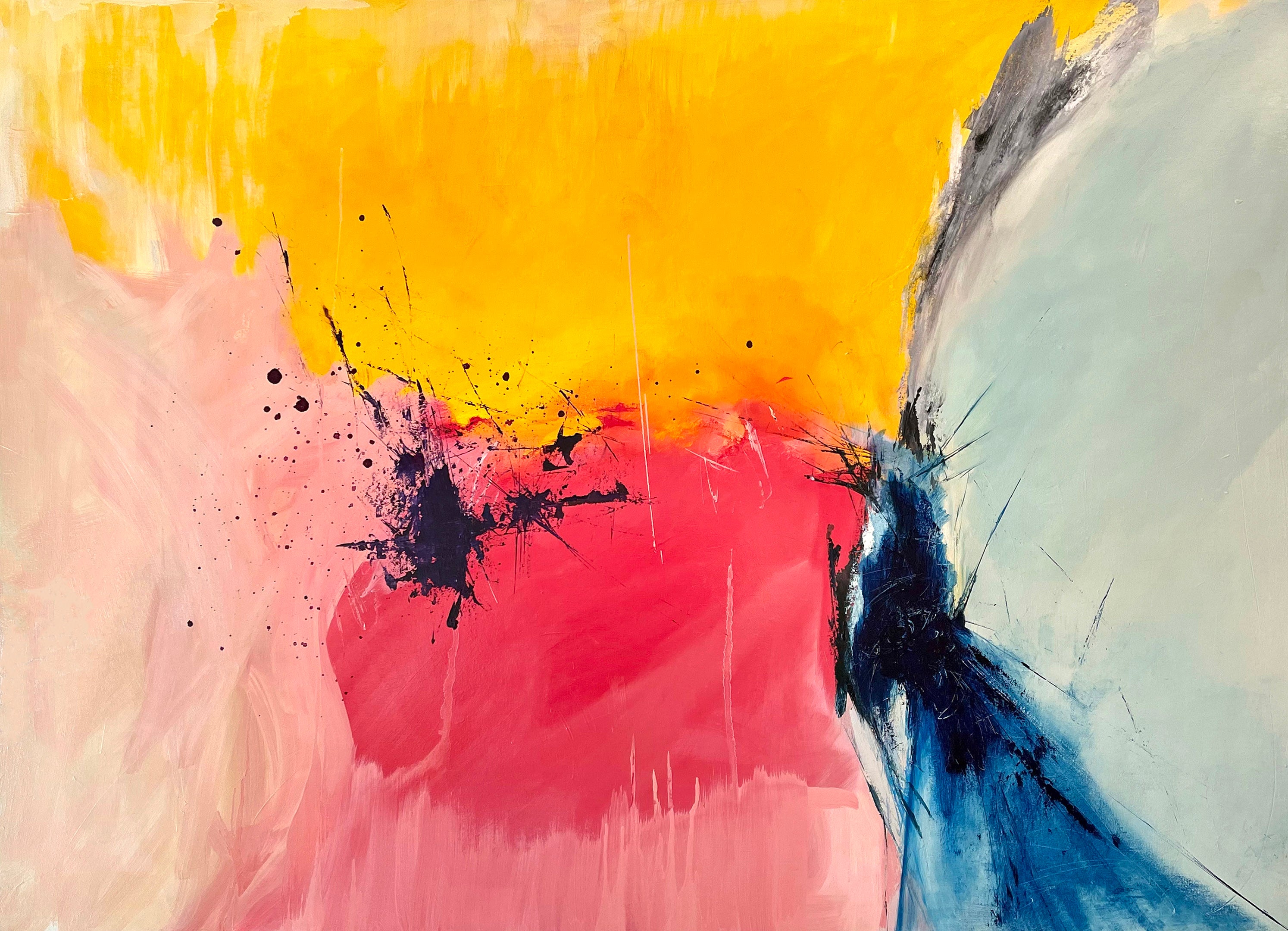 Bright colored, abstract painting by Anne Vandycke. Contemporary oil painting with blues, yellows, and pinks.
