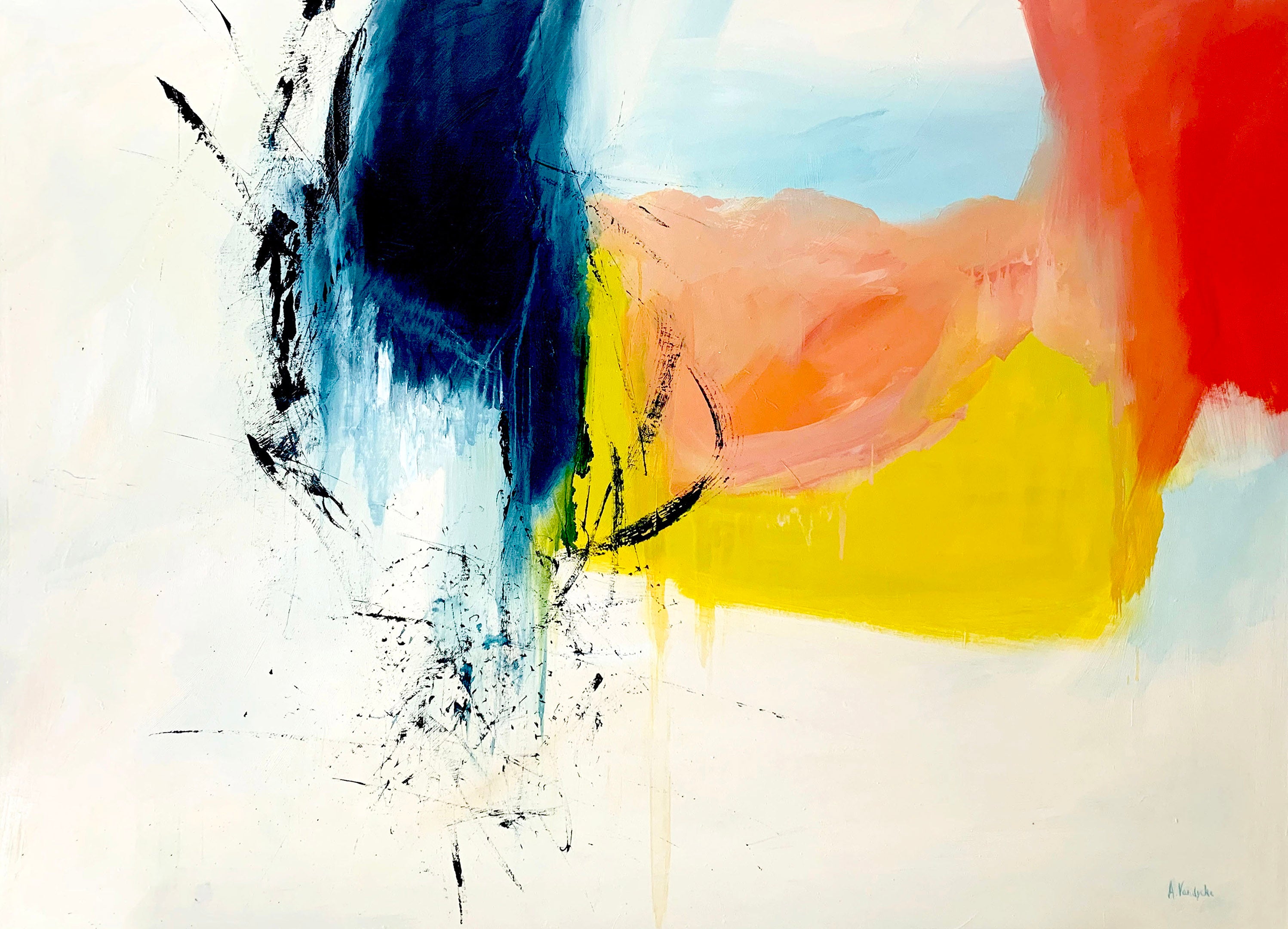 Energetic Transition Oil Painting by NYC artist, Anne Vandycke. Mixture of blues, whites, yellows, oranges, and reds.