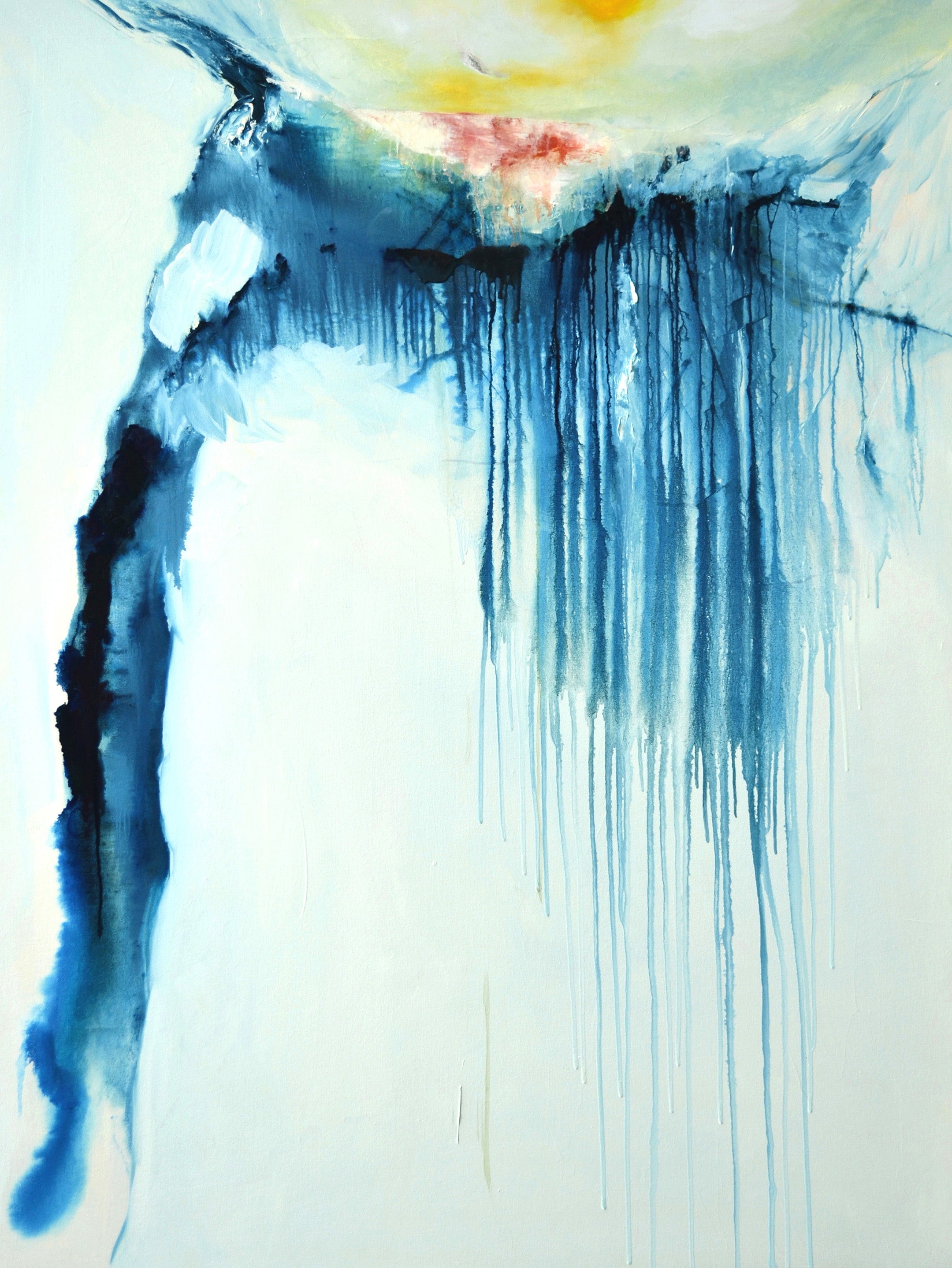 Abstract art titled "Heat" by NY city artist, Anne Vandycke. Light blue background with dark blue drips.