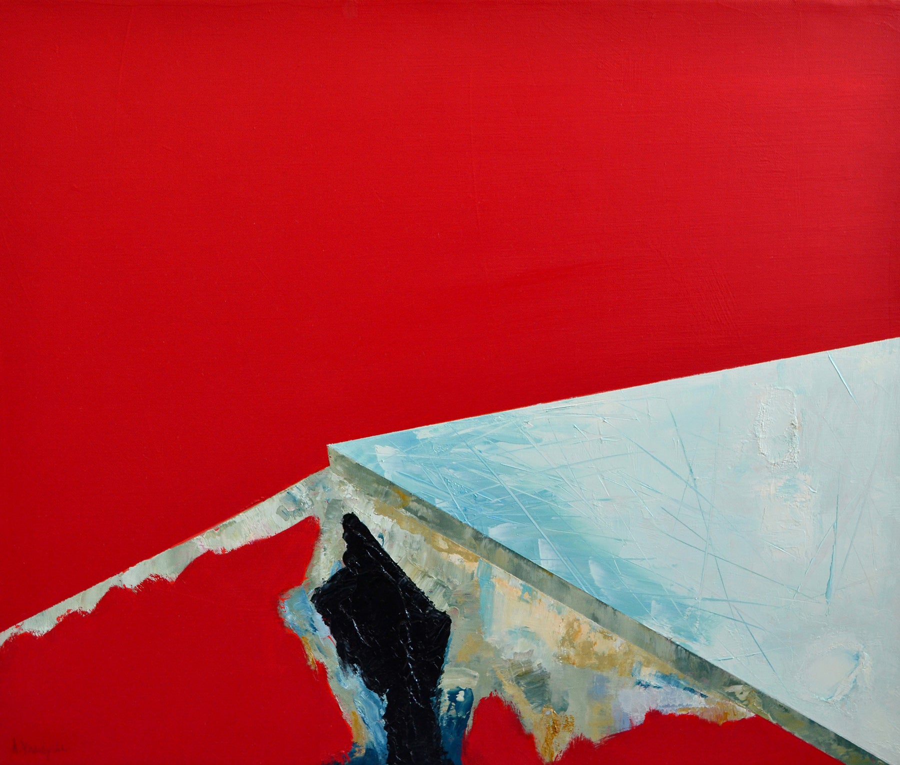 Abstract Oil Painting - Anne Vandycke, 'Ice', 2018, Oil on linen, 20x24 inches. Blues on a solid red background.