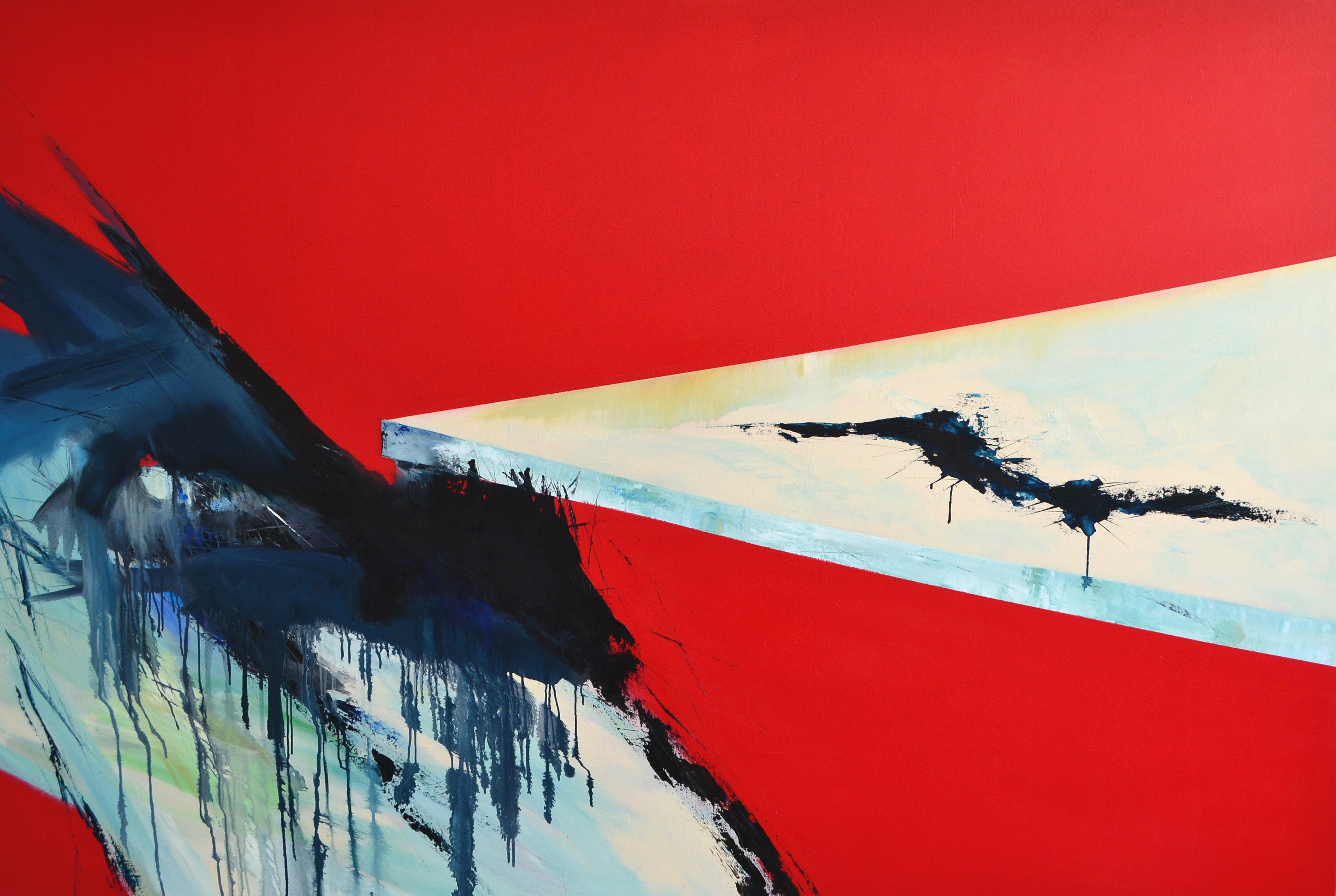 'Melting Point' painting by NYC contemporary artist, Anne Vandycke. whites, blues, and greens on a solid red background.