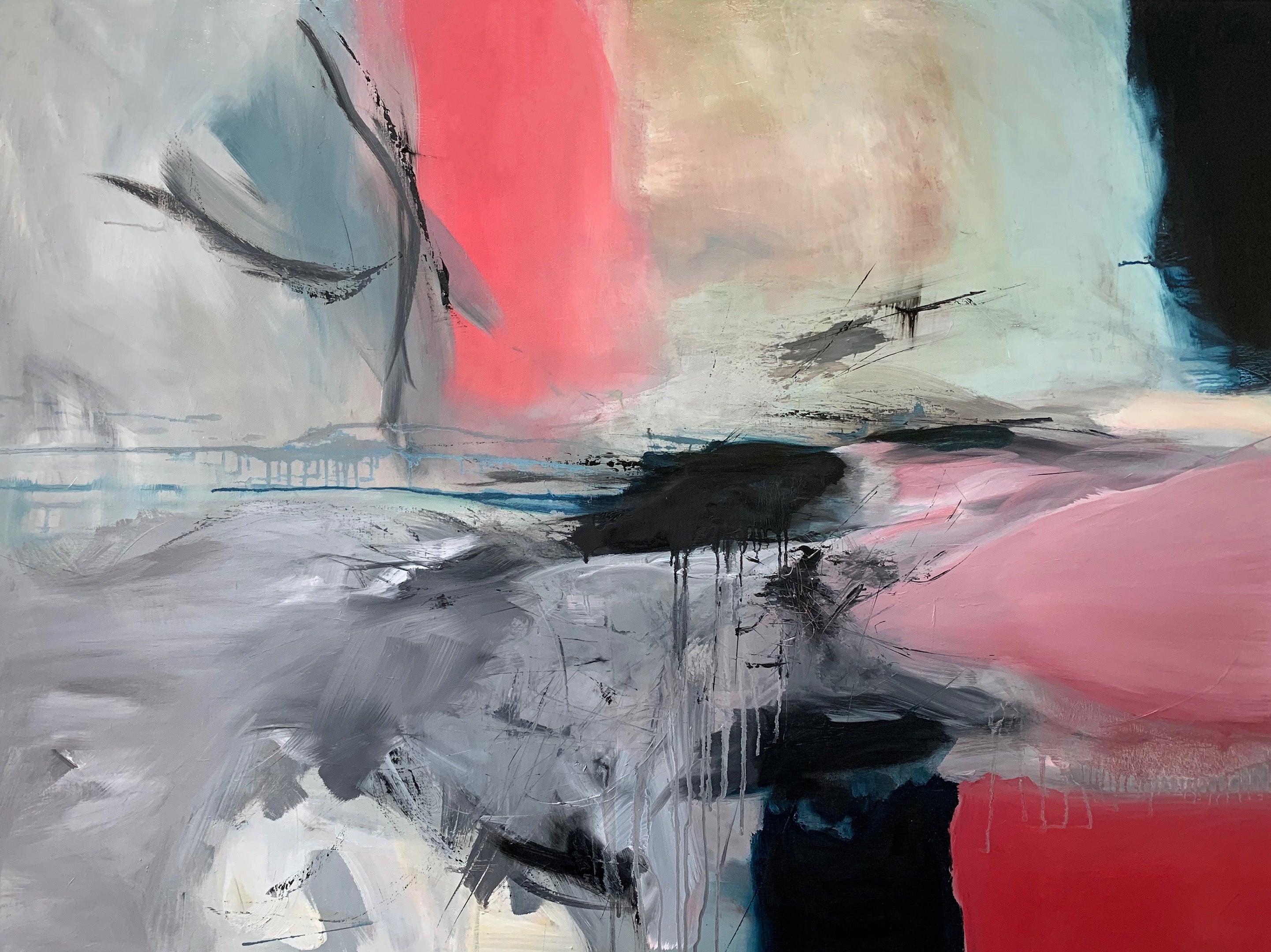 Abstract Oil Painting - Anne Vandycke, 'Non AI' Oil on canvas on Tri-Mar Aluminium Stretchers, 36x48 inches. Pinks, Whites, and Greys.