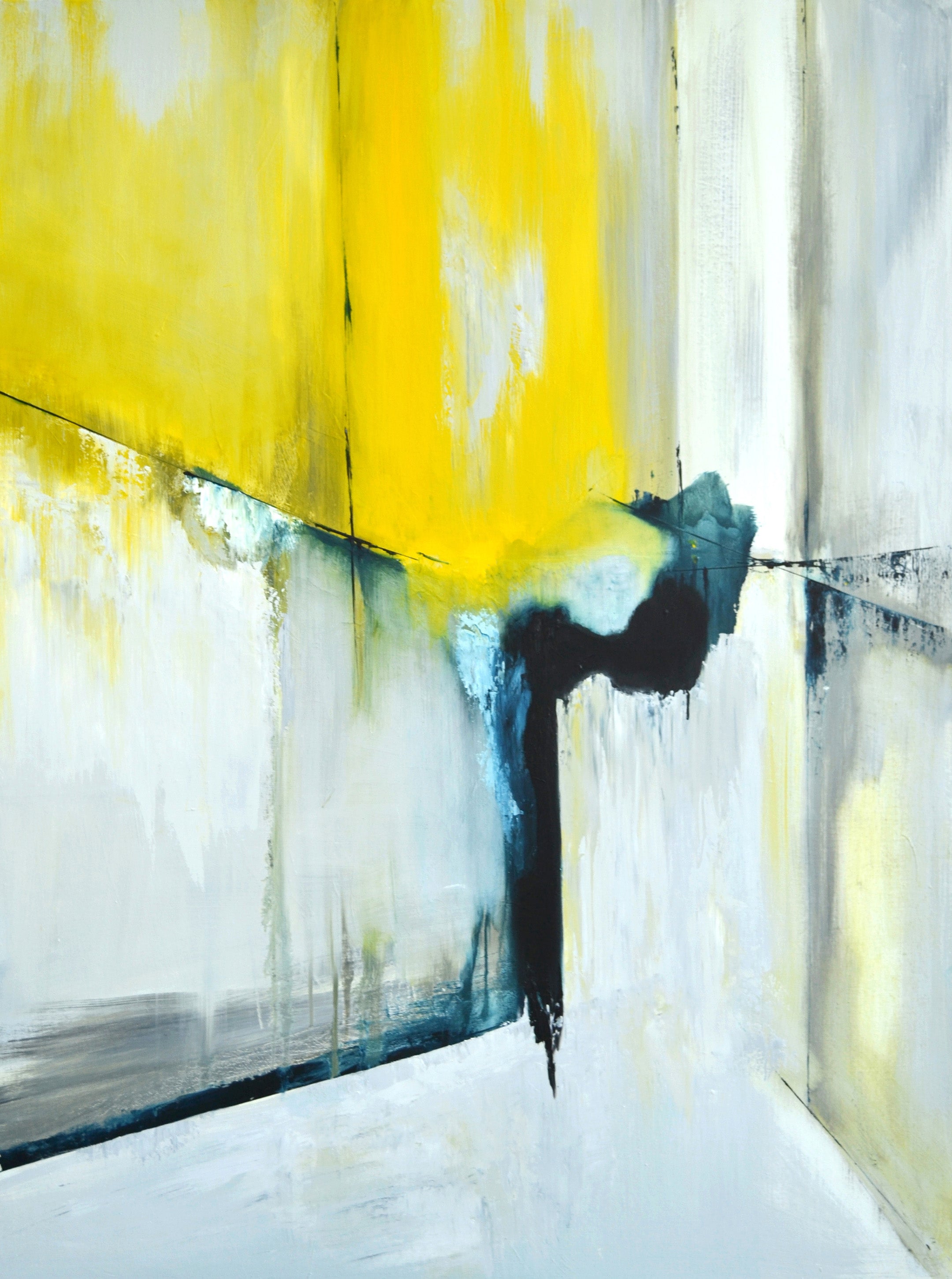 Abstract Oil Painting - Anne Vandycke, 'Remove the Walls #1' Oil on canvas on Tri-Mar Aluminium Stretchers, 48x36 inches. Abstract painting with blues and yellows.