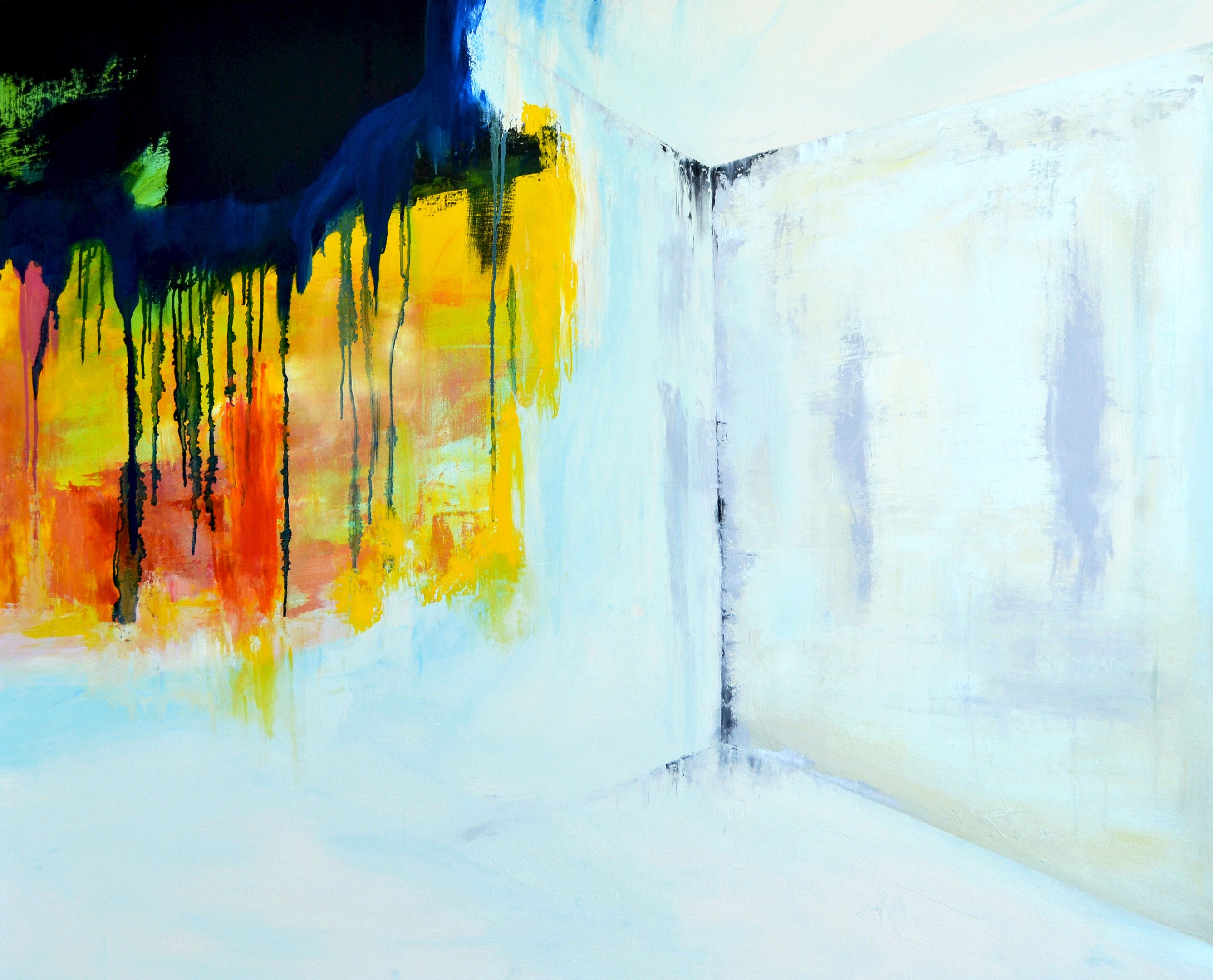 Contemporary painting by New York artist, Anne Vandycke. Light blue background with a yellow abstract shape, and dark blue drips.