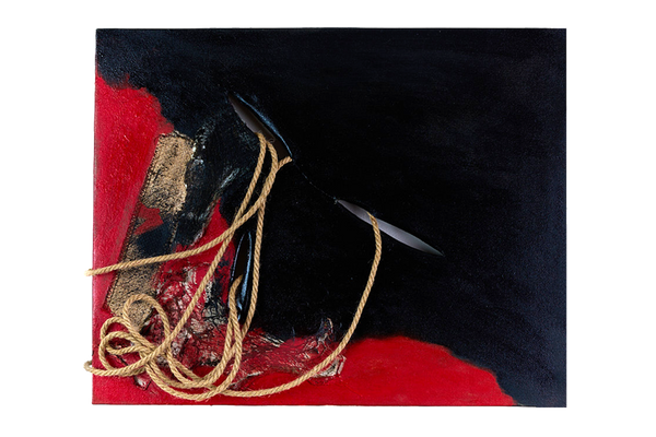 Resilience 2, the Art of transformation. Contemporary Abstract Painting - Anne Vandycke, 'Resilience 2' Oil and Mixed Media on linen on Tri-Mar Aluminium Stretchers, 16x20in.
Red and black painting with fabric and rope.