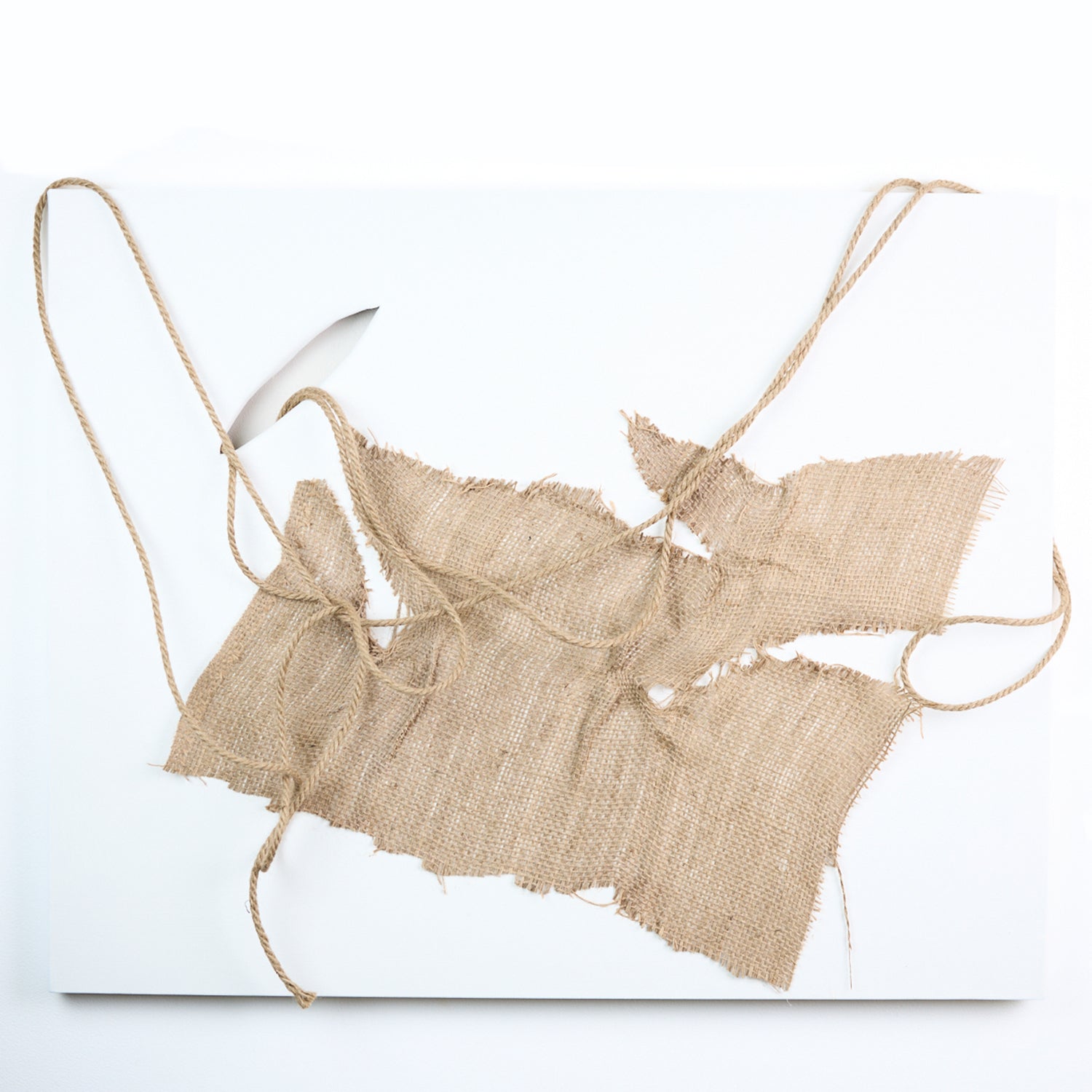 Mixed media art piece with textured fabric and rope on a white background. Created by New York City artist, Anne Vandycke.