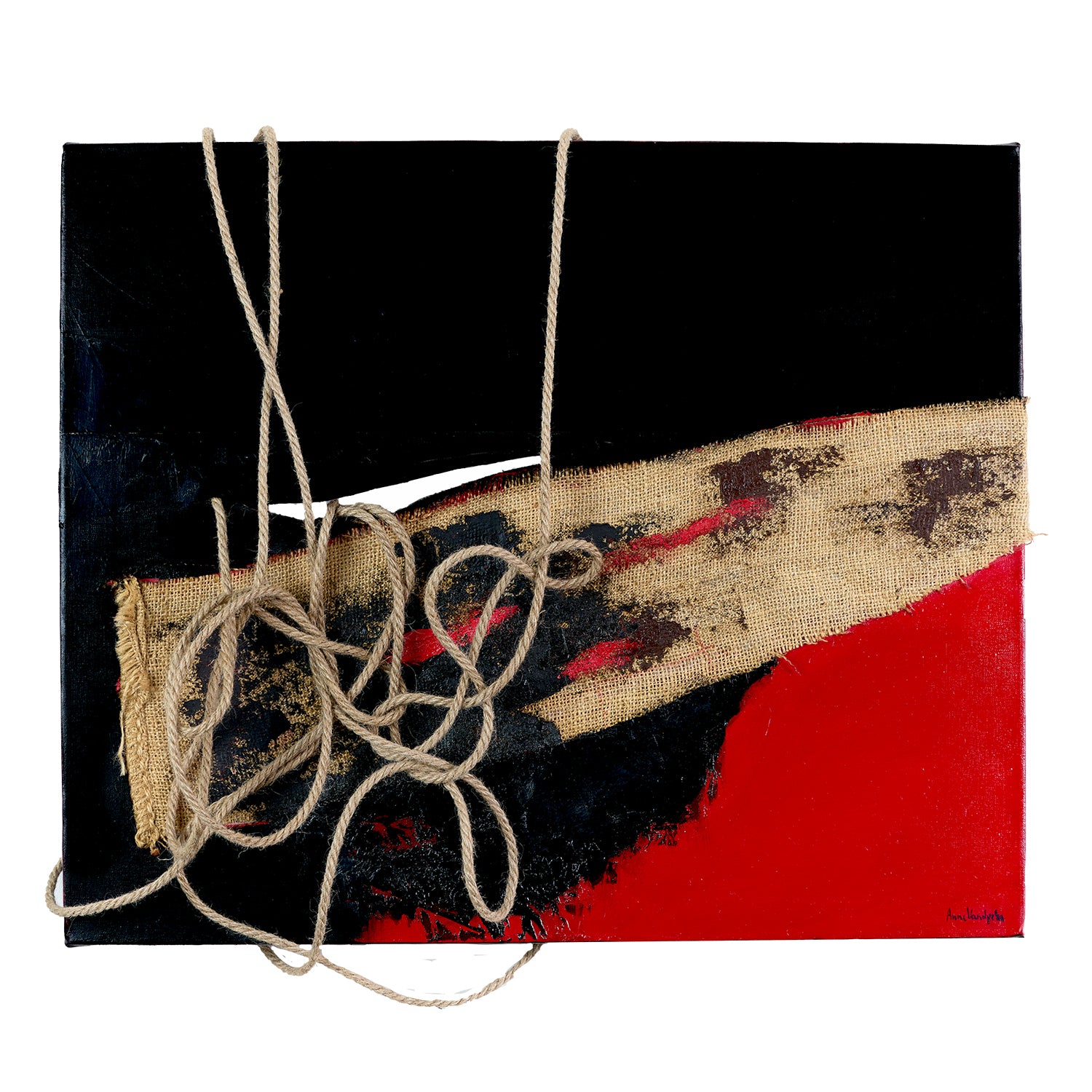 Abstract art piece with a textured surface and string, on a black and red background. Created by NY Artist, Anne Vandycke.