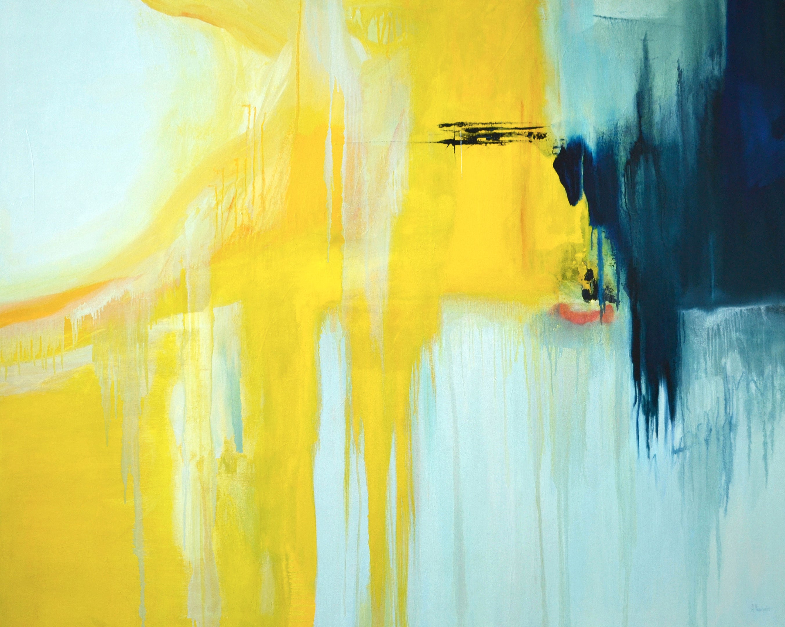 Abstract Oil Painting - Anne Vandycke, 'Rhythm of Music' Oil on canvas on Tri-Mar Aluminium Stretchers, 48x60 inches. Blue and yellow oil paint.