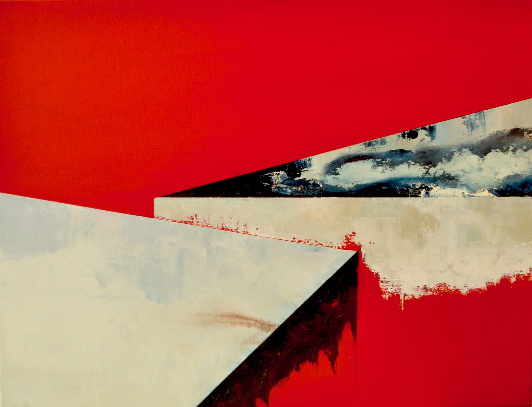 Abstract Oil Painting - Anne Vandycke, 'Spacial Duality #10', 2017, Oil on linen, 20x26 inches. Plain red background with geometric and abstract shapes in white and blue.