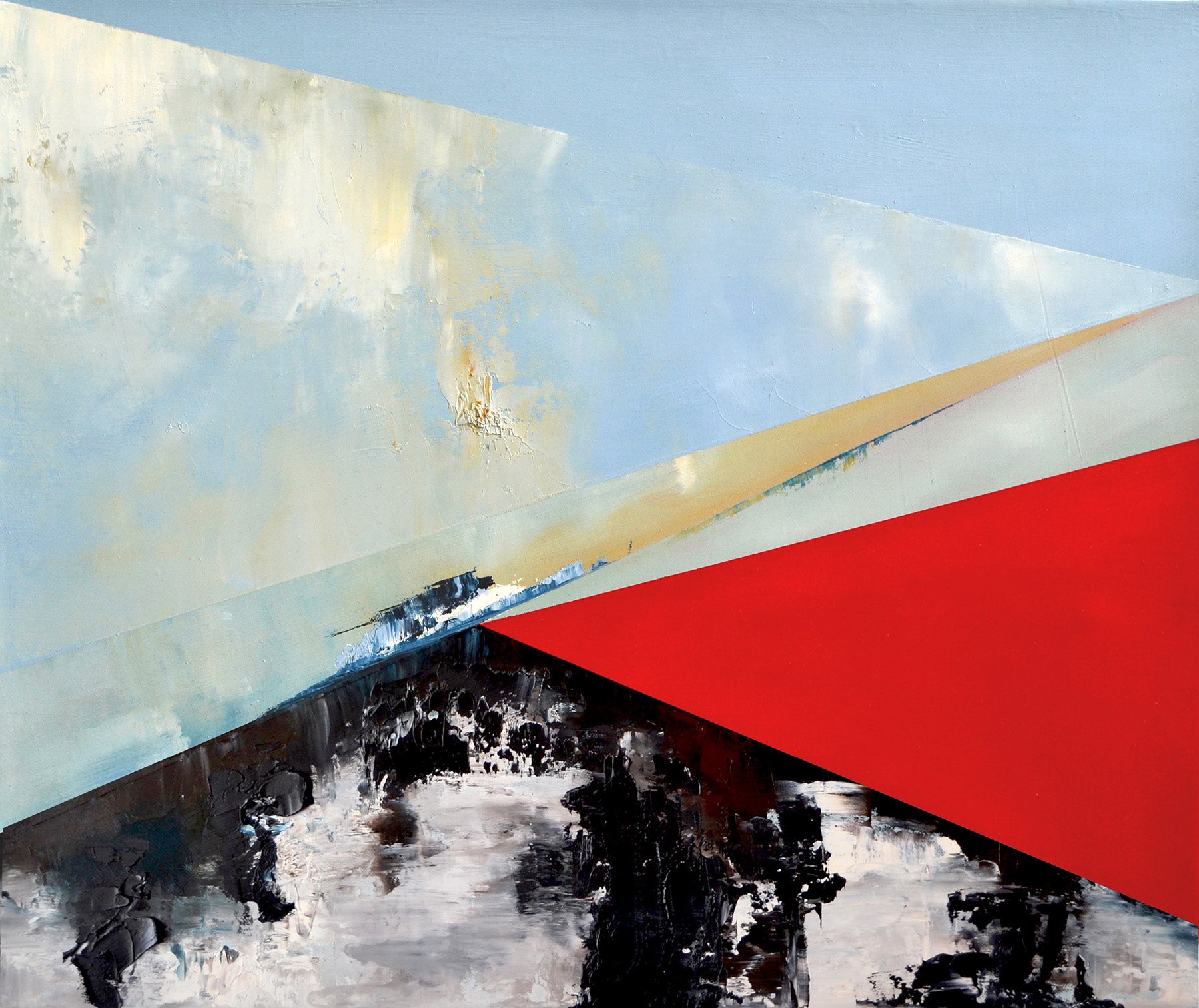 Abstract oil painting by New York artist, Anne Vandycke. Mix of blues, whites, reds, and blacks.