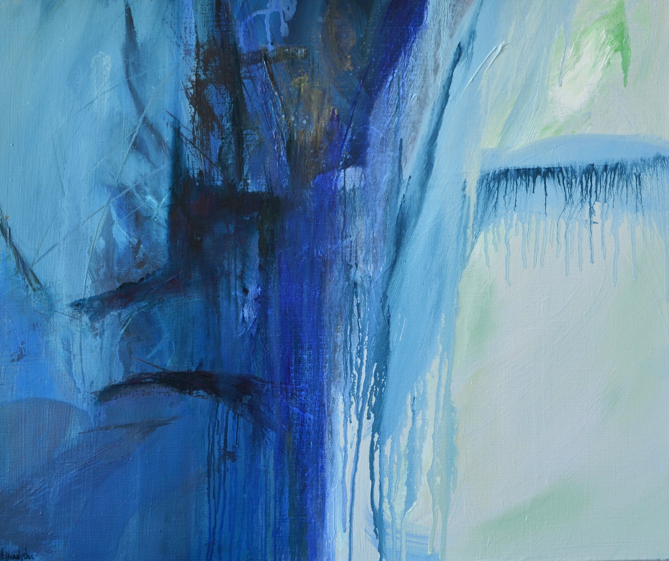 Blue Abstract Oil Painting - Anne Vandycke, 'Travel Time #4', Oil on linen Oil on linen on Tri-Mar Aluminium Stretcher, 20x24 inches.