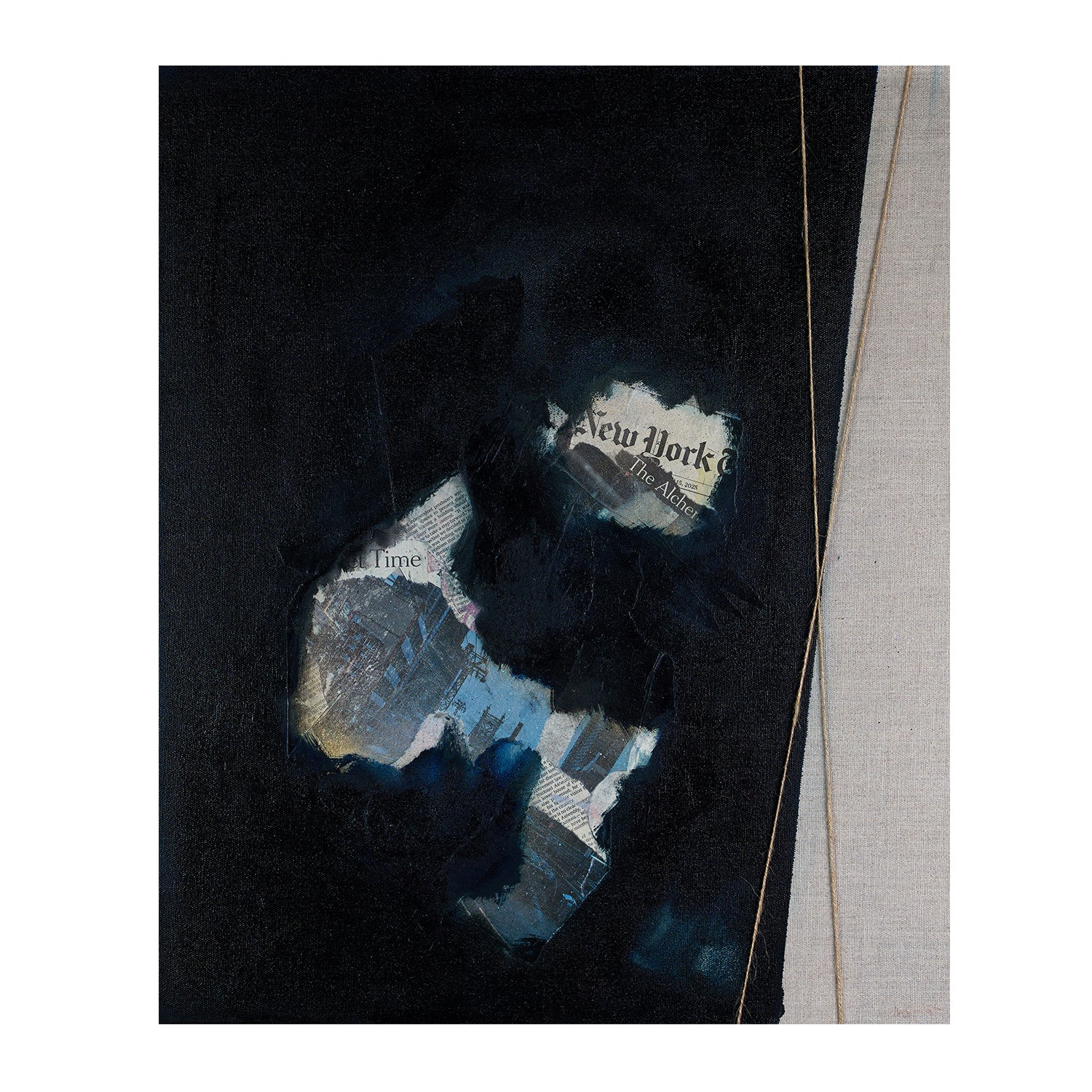 Contemporary Abstract Painting - Anne Vandycke, 'Resilience 3' Oil and Mixed Media on linen on Tri-Mar Aluminium Stretchers, 11x14in. Dark painting with newspaper peeking through.