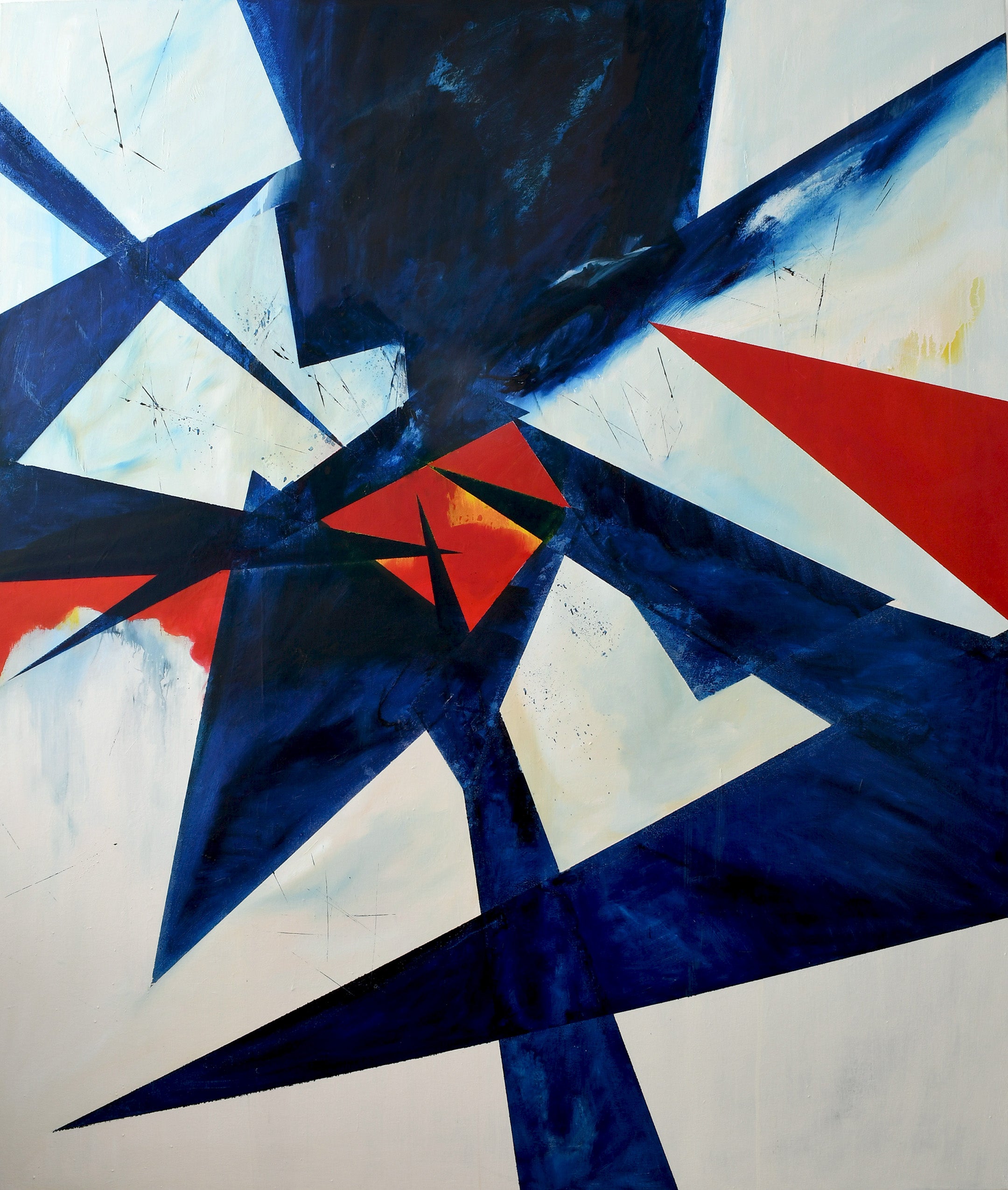 Anne Vandycke, 'When the World Changes' Oil on canvas, 72x60 inches. This painting is centered on the search for innovation, symbolized by triangles that extend beyond the artwork’s frame, representing limitless possibilities.