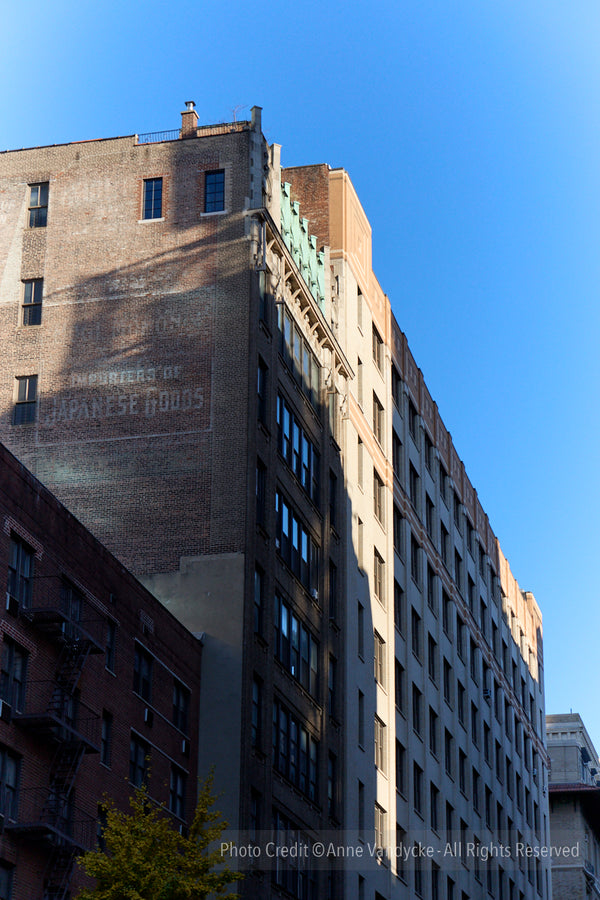 Tall building with text on the side against a clear blue sky. New York Skyline photography by Anne Vandycke.