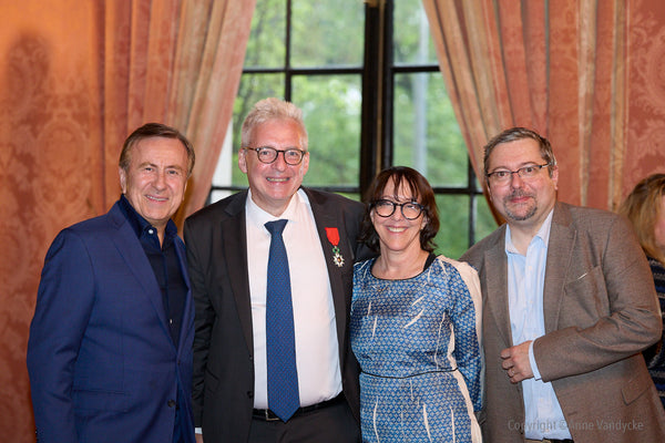 Chef Daniel Boulud with Ambassador Laurent Billi at the Legion of Honor ceremony honoring Jean-Hugues Monier at the Consulate of France in New York. Event Photography by New York Photographer, Anne Vandycke.