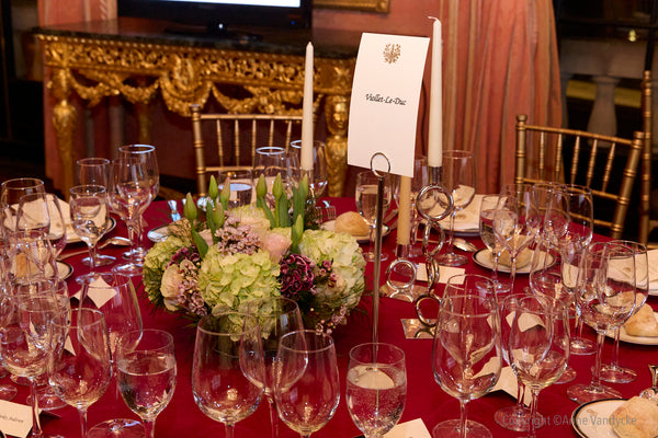 Dinner at the French Consulate in New York honoring American donors supporting the reconstruction of Notre Dame de Paris. Photo of table setting by Anne Vandycke.
