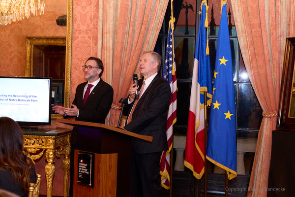 Dinner at the French Consulate in New York honoring American donors supporting the reconstruction of Notre Dame de Paris - Ambassador of France in the US Laurent Billi and Consul General of France in NY Cedrik Fouriscot
NY City event photography by Anne Vandycke.